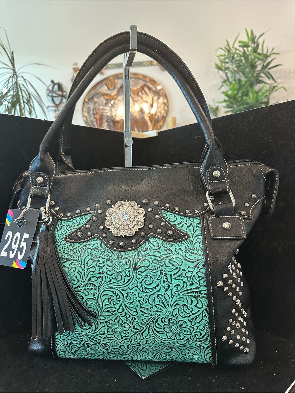 Trinity Ranch #295 Embellished Floral Tooled Tote Handbag with Stud & Tassel